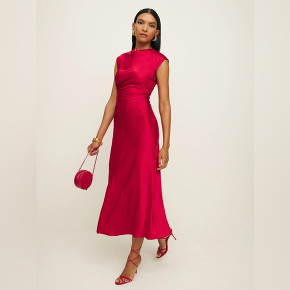 Reformation Veida Silk Midi Dress in Lipstick Red | size 2 - Picture 5 of 14